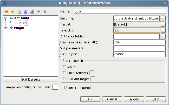 Ant debugger launch parameters